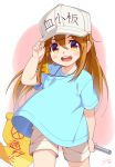  blue_shirt blush blush_stickers brown_hair commentary_request cowboy_shot dreamcatcher flat_cap hair_between_eyes hat hat_tip hataraku_saibou long_hair looking_at_viewer platelet_(hataraku_saibou) round_teeth shirt shorts smile solo teeth upper_teeth whistle white_shorts wind wind_lift yellow_eyes 