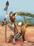  2018 4_toes 5_fingers african_wild_dog anthro barefoot blue_eyes canine clothing day demicoeur detailed_background digital_media_(artwork) eyelashes female fur holding_object holding_weapon loincloth mammal melee_weapon outside polearm sky solo spear tan_fur toes tribal_clothing weapon 