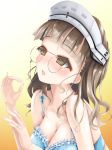  :o blue_bra blush bra breasts brown_eyes brown_hair cleavage collarbone commentary_request eyewear_strap glasses headdress jewelry kantai_collection lace lace-trimmed_bra large_breasts looking_up momin pince-nez ring roma_(kantai_collection) short_hair solo underwear wedding_band 