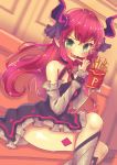  asymmetrical_horns bangs bare_shoulders blush breasts commentary_request crossed_legs detached_sleeves dress dutch_angle eating elizabeth_bathory_(fate) elizabeth_bathory_(fate)_(all) fate/extra fate/extra_ccc fate_(series) fingernails food french_fries frilled_dress frilled_sleeves frills green_eyes holding holding_food long_fingernails long_hair long_sleeves looking_at_viewer nail_polish open_mouth pink_nails pointy_ears purple_hair sakurai_kouji short_dress signature single_letter sitting small_breasts solo tsurime v-shaped_eyebrows wavy_hair 
