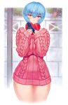  1girl ayanami_rei blue_hair blush breasts cameltoe cleavage curvy erect_nipples highres huge_breasts looking_at_viewer mogudan neon_genesis_evangelion puffy_nipples red_eyes shiny shiny_skin short_hair smile solo standing sweater 