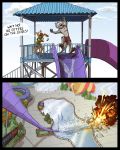  anthro avian blue_eyes clothed clothing comic english_text explosion fur grey_fur gryphon humor male mammal mustelid orange_fur otter outside shirt shorts smile speech_bubble stairs swim_shorts swimming_pool t-shirt text tirrel water water_park water_slide webbed_feet webbed_hands whiskers wide_eyed 