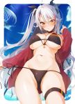  :q antenna_hair azur_lane bangs beach bikini bikini_tug black_bikini black_ribbon blue_sky blurry blurry_background blush breasts brown_eyes cameltoe choker cleavage closed_mouth cloud collarbone commentary_request covered_nipples cross cross_earrings day earrings eyebrows_visible_through_hair flag_print german_flag_bikini groin hair_between_eyes highres iron_cross jacket jewelry kisaragi_kiriha large_breasts long_hair looking_at_viewer mole mole_on_breast multicolored_hair navel open_clothes open_jacket outdoors palm_tree prinz_eugen_(azur_lane) red_hair red_jacket ribbon side-tie_bikini silver_hair skindentation sky smile solo stomach streaked_hair swimsuit thigh_strap thighs tongue tongue_out tree two_side_up very_long_hair wet 