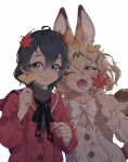  :3 alternate_costume animal_ear_fluff animal_ears backlighting black_hair blonde_hair blue_eyes blush bow bowtie commentary_request eyebrows_visible_through_hair fangs ginkgo_leaf hair_ornament hairclip halin2rang kaban_(kemono_friends) kemono_friends korean_commentary leaf leaf_on_head long_hair maple_leaf multicolored_hair multiple_girls muted_color neck_ribbon one_eye_closed open_mouth ribbon sailor_collar serval_(kemono_friends) serval_ears serval_print serval_tail short_hair simple_background smile sweater tail turtleneck turtleneck_sweater white_background winter_clothes yellow_eyes 