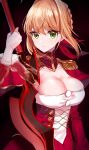  aestus_estus ahoge blonde_hair blush braid breasts closed_mouth collarbone dress epaulettes eyebrows_visible_through_hair fate/extra fate_(series) french_braid green_eyes hair_intakes highres holding holding_sword holding_weapon misumi_(macaroni) nero_claudius_(fate) nero_claudius_(fate)_(all) red_dress simple_background solo sword weapon 