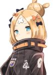  abigail_williams_(fate/grand_order) absurdres bandaid_on_forehead bangs black_bow black_dress blonde_hair blue_eyes blush bow closed_mouth commentary_request dress eyebrows_visible_through_hair fate/grand_order fate_(series) hair_bow hair_bun heroic_spirit_traveling_outfit highres long_hair long_sleeves looking_at_viewer orange_bow parted_bangs polka_dot polka_dot_bow shibakame simple_background solo star upper_body white_background 