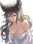  animal_ears bangs bare_shoulders black_hair breasts buttons cleavage closed_mouth collarbone commentary_request earrings erune eustace-flamek granblue_fantasy hair_between_eyes highres ilsa_(granblue_fantasy) jewelry large_breasts long_hair looking_at_viewer off-shoulder_shirt red_eyes shirt simple_background solo tan tanline wavy_hair white_background white_shirt 