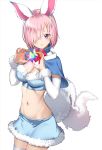  animal_ears blue_bra blue_capelet blue_skirt blush bra breasts capelet cleavage commentary_request cosplay cowboy_shot detached_sleeves fate/grand_order fate_(series) fou_(fate/grand_order) fou_(fate/grand_order)_(cosplay) fur-trimmed_bra fur-trimmed_capelet fur-trimmed_skirt fur_trim hair_over_one_eye highres lavender_hair long_sleeves looking_at_viewer mash_kyrielight midriff navel purple_eyes red_neckwear saint_quartz saruchitan short_hair skirt smile tail thighhighs underwear white_background white_legwear 