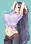  bangs bike_shorts blush bouncing_breasts breasts commentary_request fate/grand_order fate_(series) kaguyuzu large_breasts long_hair looking_at_viewer midriff minamoto_no_raikou_(fate/grand_order) motion_lines navel no_bra open_mouth parted_bangs purple_eyes purple_hair shirt solo t-shirt tied_shirt very_long_hair 