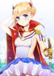  absurdres armpits artist_name azur_lane blonde_hair blue_eyes blush breasts cape clock commentary epaulettes floral_background gauntlets hair_ornament hand_on_head highres le_triomphant_(azur_lane) looking_at_viewer rapier signature small_breasts solo sword taitai weapon 