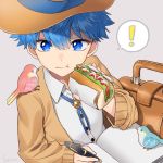  1boy animal animal_on_shoulder bird_on_shoulder blazer blue_eyes blue_hair book buttons commentary_request eating eyebrows_visible_through_hair fate/grand_order fate_(series) food hans_christian_andersen_(fate) hat highres holding holding_food holding_pen jacket long_sleeves looking_to_the_side open_blazer open_book open_clothes open_jacket pen shirt simple_background white_shirt xacco yakisobapan 