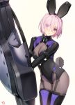  adapted_costume animal_ears black_legwear bodysuit breasts bunny_ears cleavage cleavage_cutout cowboy_shot eyebrows_visible_through_hair eyes_visible_through_hair fake_animal_ears fate/grand_order fate_(series) garter_straps hair_over_one_eye head_tilt highres impossible_bodysuit impossible_clothes large_breasts leotard looking_at_viewer mash_kyrielight ortenaus parted_lips pink_hair purple_eyes shield short_hair simple_background solo thighhighs yang-do 