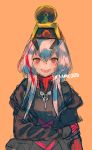  artist_name bangs blush commentary_request dinergate_(girls_frontline) eyebrows_visible_through_hair fang girls_frontline gloves hair_between_eyes headgear highres jacket long_hair looking_at_viewer m4_sopmod_ii_(girls_frontline) megaphone mod3_(girls_frontline) multicolored_hair open_mouth pink_hair red_eyes red_hair ro635_(girls_frontline) sidelocks smile solo spoilers streaked_hair xanax025 