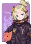  abigail_williams_(fate/grand_order) bandaid_on_forehead bangs beppu_mitsunaka black_bow black_jacket blonde_hair blue_eyes bow commentary_request fate/grand_order fate_(series) hair_bow hair_bun heroic_spirit_traveling_outfit high_collar highres holding holding_stuffed_animal holding_toy jacket long_hair long_sleeves looking_at_viewer orange_bow parted_bangs polka_dot polka_dot_bow shiny shiny_hair smile stuffed_animal stuffed_toy teddy_bear tentacles upper_body 