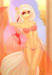  2018 bikini blonde_hair blonde_tail breasts clothing digital_media_(artwork) equine eyelashes female hair hi_res long_hair looking_at_viewer mammal navel nightskrill red_eyes ribbons solo swimsuit warm_colors 