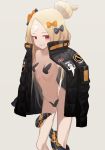  abigail_williams_(fate/grand_order) alternate_hairstyle bandaid_on_forehead bangs belt black_bow black_jacket blonde_hair blush bow breasts commentary_request fate/grand_order fate_(series) forehead fran_(yuliwei2012) grin hair_bow hair_bun hand_up heroic_spirit_traveling_outfit high_collar hips jacket legs long_hair looking_at_viewer naked_coat navel open_clothes open_jacket orange_bow parted_bangs pasties polka_dot polka_dot_bow red_eyes sharp_teeth simple_background sleeves_past_fingers sleeves_past_wrists small_breasts smile solo teeth tentacles thighs white_background 