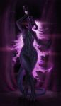  2018 anthro bioluminescence black_teeth breasts curved_horn demon digital_media_(artwork) digitigrade dragon drinking dripping featureless_breasts featureless_crotch female glowing glowing_eyes himeragoldtail horn nude purple_eyes purple_theme solo 