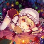  :d apple blonde_hair book candle candy commentary_request crystal dress eyebrows_visible_through_hair fangs feet_out_of_frame flandre_scarlet food frilled_shirt_collar frills fruit gem hair_between_eyes hat hat_ribbon holding holding_stuffed_animal jewelry light_particles looking_at_viewer lying minamura_haruki mob_cap nail_polish open_mouth orange_eyes orange_sash pendant petticoat pointy_ears puffy_short_sleeves puffy_sleeves red_dress red_nails red_ribbon ribbon sash short_sleeves side_ponytail skull smile solo stuffed_animal stuffed_toy teddy_bear thighhighs thighs touhou white_hat white_legwear wings wrist_ribbon zettai_ryouiki 