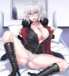  absurdres ahoge areola_slip areolae bed_sheet bedroom black_dress black_footwear blonde_hair blue_jacket blush boots breasts cleavage coat collarbone commentary_request dress fate/grand_order fate_(series) full-length_zipper fur-trimmed_coat fur-trimmed_jacket fur-trimmed_sleeves fur_collar fur_trim heavy_breathing highres indoors jacket jeanne_d'arc_(alter)_(fate) jeanne_d'arc_(fate)_(all) jewelry kazami_chiu knee_boots large_breasts looking_at_viewer necklace nipple_slip nipples open_clothes open_coat open_jacket open_mouth panties pillow short_dress short_hair silver_hair solo spread_legs steaming_body underwear undressing unzipped white_panties wicked_dragon_witch_ver._shinjuku_1999 yellow_eyes zipper 