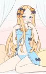  abigail_williams_(fate/grand_order) absurdres babydoll bangs bare_arms bare_shoulders black_bow blonde_hair blue_babydoll blue_eyes blue_panties blush bow closed_mouth collarbone curtains eyebrows_visible_through_hair fate/grand_order fate_(series) forehead hair_bow hands_up highres long_hair moyoron orange_bow panties parted_bangs pillow smile solo underwear underwear_only very_long_hair 
