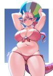  arms_up ball beachball belly bikini breasts cleavage collarbone dragon_girl dragon_horns dragon_tail elf-san_wa_yaserarenai. fat gonda_(elf-san_wa_yaserarenai) highres horns large_breasts long_hair navel pink_hair plump pointy_ears ponytail red_bikini red_eyes side-tie_bikini solo swimsuit synecdoche tail thick_eyebrows thick_thighs thighs 
