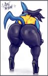 2018 anthro big_butt butt digital_media_(artwork) female huge_butt looking_at_viewer looking_back lucario nintendo pok&eacute;mon pok&eacute;mon_(species) pussy sligarthetiger solo thick_thighs video_games 