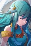  blue_hair closed_eyes dress fire_emblem fire_emblem:_rekka_no_ken fire_emblem_heroes highres jewelry long_hair mamkute ninian ringozaka_mariko simple_background smile solo tears 