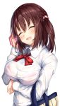  :d ^_^ arm_under_breasts arm_up bangs blush bow bra bra_through_clothes breast_hold breasts brown_hair closed_eyes collared_shirt commentary_request dress_shirt ebina_nana eyebrows_visible_through_hair facing_viewer hair_between_eyes hair_ornament head_tilt highres himouto!_umaru-chan holding large_breasts long_hair open_mouth pink_bra red_bow see-through shiero. shirt simple_background smile solo two_side_up underwear upper_body wet wet_clothes wet_shirt white_background white_shirt 