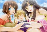  absurdres amy_(suisei_no_gargantia) black_hair blue_eyes blue_sky blush breasts brown_hair cleavage cloud day earrings green_eyes hair_ornament hair_tubes hands_up highres ishikei jewelry large_breasts long_hair looking_at_viewer melty_(suisei_no_gargantia) multiple_girls necklace open_mouth saaya_(suisei_no_gargantia) scan short_hair sky smile suisei_no_gargantia twintails yellow_eyes 