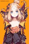  :o abigail_williams_(fate/grand_order) animal_print artist_name bandaid_on_forehead bangs black_bow black_dress blue_eyes bow collarbone commentary_request dress eyebrows_visible_through_hair fate/grand_order fate_(series) hair_bow hair_bun head_tilt heroic_spirit_traveling_outfit hong_(white_spider) jacket light_brown_hair long_hair long_sleeves looking_at_viewer object_hug open_clothes open_jacket orange_background orange_bow parted_bangs parted_lips polka_dot polka_dot_bow signature sleeves_past_fingers sleeves_past_wrists solo stuffed_animal stuffed_toy suction_cups teddy_bear tentacles tiger_print 