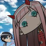  1girl absurdres backlighting bangs black_hair blue_eyes blue_sky bob_(nico_seiga) cloud cloudy_sky commentary_request couple darling_in_the_franxx day eyebrows_visible_through_hair green_eyes hair_ornament hairband hetero highres hiro_(darling_in_the_franxx) horns long_hair long_sleeves looking_at_viewer mecha military military_uniform necktie oni_horns orange_neckwear pink_hair red_horns red_neckwear sky strelizia uniform white_hairband zero_two_(darling_in_the_franxx) 