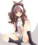  baseball_cap black_legwear black_wristband blue_eyes blush brown_hair denim denim_shorts hat legs_apart long_hair looking_at_viewer nasakixoc pokemon pokemon_(game) pokemon_bw ponytail shirt shorts simple_background sitting solo spread_legs sweat touko_(pokemon) 