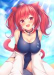  :d animal_ears azur_lane bare_shoulders beach breasts cat_ears cat_tail choker cleavage covered_navel day eyebrows_visible_through_hair fang horizon i-19_(azur_lane) large_breasts lens_flare light_rays looking_at_viewer mutsuba_fumi off_shoulder one-piece_swimsuit open_mouth red_eyes red_hair revision school_swimsuit skindentation sleeves_past_fingers sleeves_past_wrists smile solo swimsuit tail thighhighs twintails white_legwear 