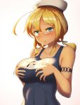  armlet blonde_hair blue_eyes blush breasts collarbone commentary_request hands_on_own_chest hat i-8_(kantai_collection) kantai_collection large_breasts lips low_twintails maku_ro name_tag one-piece_swimsuit peaked_cap red-framed_eyewear sailor_hat school_swimsuit semi-rimless_eyewear simple_background solo swimsuit twintails under-rim_eyewear upper_body white_background 