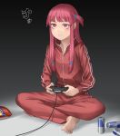  annoyed bangs barefoot blunt_bangs can clenched_teeth double_vertical_stripe energy_drink eyebrows_visible_through_hair feet full_body game_console half-closed_eyes indian_style kotonoha_akane kurione_(zassou) long_hair long_sleeves one_side_up pink_eyes pink_hair playing_games playstation_4 playstation_controller red_bull sitting solo teeth track_suit translation_request v-shaped_eyebrows voiceroid 