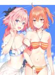  1girl :d ahoge astolfo_(fate) bandeau bangs bare_shoulders bead_bracelet beads bikini bikini_top black_bow blue_bikini blue_sky blush bow bracelet braid breasts brilliant_summer cleavage collarbone command_spell commentary_request day fang fate/grand_order fate_(series) frills fujimaru_ritsuka_(female) hair_between_eyes hair_bow hair_intakes hair_ornament hair_scrunchie halterneck hand_gesture highres hips jewelry long_hair looking_at_viewer multicolored_hair nanotaro navel o-ring o-ring_bikini off_shoulder open_mouth orange_bikini_top orange_eyes orange_hair orange_scrunchie otoko_no_ko pink_hair purple_eyes sarong scrunchie short_hair side-tie_bikini side_ponytail sky small_breasts smile stomach streaked_hair striped_bikini_top swimsuit v 