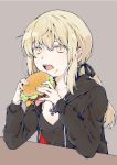  :o artoria_pendragon_(all) black_shirt blonde_hair cross cross_necklace eating elbows_on_table fate/grand_order fate_(series) food food_on_face grey_background hair_between_eyes hamburger highres holding holding_food jewelry kurumikko long_hair long_sleeves looking_at_viewer millipen_(medium) necklace saber_alter shirt sidelocks simple_background solo traditional_media upper_body very_long_hair yellow_eyes 