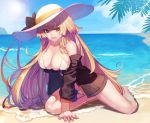  arm_support arm_under_breasts bangs bare_shoulders barefoot beach bikini blue_sky blush breast_hold breasts brown_hair character_name cleavage cloud collarbone commentary da_(dsasd751) day eyebrows_visible_through_hair girls_frontline hat highres ithaca_m37_(girls_frontline) jacket kneeling large_breasts leaning_forward long_hair looking_at_viewer ocean open_clothes open_jacket orange_eyes parted_lips sand sidelocks skindentation sky smile solo sun_hat sunlight swimsuit thighs very_long_hair white_bikini 