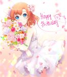  2018 bangs bele_brave blue_eyes bouquet bow cowboy_shot dated dress flower frilled_dress frills hair_bow hair_flower hair_ornament happy_birthday holding holding_bouquet kousaka_honoka looking_at_viewer love_live! love_live!_school_idol_project orange_hair petals smile solo wedding_dress white_dress 