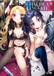  3: adapted_costume alternate_costume bangs black_bra black_hair black_legwear blonde_hair bra breasts cape commentary_request cover cover_page ereshkigal_(fate/grand_order) eyebrows_visible_through_hair fate/grand_order fate_(series) fishnet_legwear fishnets fur_trim garter_belt gloves highres ishtar_(fate/grand_order) lingerie looking_at_viewer mismatched_legwear multiple_girls navel navy_blue_legwear nekometaru panties parted_bangs red_eyes single_thighhigh sitting small_breasts thighhighs tiara two_side_up underwear white_bra white_gloves white_panties 