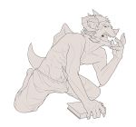  2016 5_fingers anthro biceps black_hair claws clothed clothing dragon greyscale hair horn human husdingo male mammal monochrome muscular muscular_male open_mouth pain pecs penis scales scalie simple_background sketch solo teeth tongue topless transformation white_background 