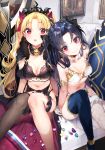  3: adapted_costume alternate_costume bangs black_bra black_hair black_legwear blonde_hair bra breasts cape commentary_request ereshkigal_(fate/grand_order) eyebrows_visible_through_hair fate/grand_order fate_(series) fishnet_legwear fishnets fur_trim garter_belt gloves highres ishtar_(fate/grand_order) lingerie looking_at_viewer mismatched_legwear multiple_girls navel navy_blue_legwear nekometaru panties parted_bangs red_eyes single_thighhigh sitting small_breasts thighhighs tiara two_side_up underwear white_bra white_gloves white_panties 