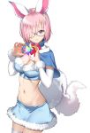  animal_ears black-framed_eyewear blue_bra blue_capelet blue_skirt blush bra breasts capelet cleavage cosplay cowboy_shot detached_sleeves fate/grand_order fate_(series) fou_(fate/grand_order) fou_(fate/grand_order)_(cosplay) fur-trimmed_bra fur-trimmed_capelet fur-trimmed_skirt fur_trim glasses hair_over_one_eye highres lavender_hair long_sleeves looking_at_viewer mash_kyrielight midriff navel purple_eyes red_neckwear saint_quartz saruchitan short_hair skirt smile tail thighhighs underwear white_background white_legwear 