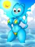  2018 anthro beach big_breasts bikini breasts cartoon_network cat clothing cloud drawdoodles feline female huge_breasts mammal nicole_watterson sea seaside sky smile solo sunshine swimsuit the_amazing_world_of_gumball thick_thighs water 