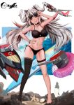  absurdres aircraft airplane alternate_costume antenna_hair artist_name ass_visible_through_thighs azur_lane bangs beach bikini black_bikini black_knight_(artist) black_legwear black_ribbon blue_sky blush bracelet breasts brown_eyes cannon chinese_commentary cloud collarbone commentary_request cross_cutout dated eyebrows_visible_through_hair floating_hair full_body hair_between_eyes hair_ribbon half-closed_eyes hand_on_eyewear hand_on_hip highres innertube iron_cross jewelry large_breasts licking_lips lighthouse long_hair looking_at_viewer machinery mole mole_on_breast multicolored_hair nail_polish navel ocean outdoors pink_nails prinz_eugen_(azur_lane) red_hair revision ribbon rigging sand side-tie_bikini signature silver_hair single_thighhigh sky smile solo standing starfish stomach streaked_hair sunglasses surfboard swimsuit thigh_strap thighhighs tongue tongue_out turret two_side_up very_long_hair waves 