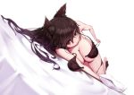  animal_ears atago_(azur_lane) azur_lane bangs bare_arms bare_shoulders black_bra black_legwear black_panties blush bra breasts brown_eyes brown_hair cleavage closed_mouth collarbone commentary eyebrows_visible_through_hair eyelashes full_body hair_between_eyes heart heart-shaped_pupils highres holding_strap lace lace_bra lace_panties large_breasts lingerie long_hair looking_at_viewer lying mole mole_under_eye on_side open_bra panties pantyhose pantyhose_around_one_leg side-tie_panties solo stz-xp symbol-shaped_pupils underwear underwear_only undressing unfastened untied untied_panties 