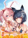  animal_ears armlet bell bell_collar black_bikini_top black_hair blue_eyes blue_sky blush bracelet breasts bunny_ears cat_ears chin_rest choker cleavage collar day fake_animal_ears finger_to_mouth hair_ornament hairband highres holding_hands index_finger_raised jewelry large_breasts lens_flare looking_at_viewer medium_breasts multiple_girls original outdoors oyu_(sijimisizimi) parfait pink_hair red_bikini_top red_hairband ribbon ribbon_choker shiny shiny_hair short_hair sideboob sky smile twintails upper_body yellow_eyes yellow_ribbon 