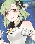  :d bangs bare_shoulders black_bow bow brown_eyes flower gloves green_hair hair_bow highres idolmaster idolmaster_(classic) idolmaster_million_live! idolmaster_million_live!_theater_days idolmaster_stella_stage jewelry kurumikko looking_at_viewer medium_hair open_mouth parted_bangs shiika_(idolmaster) smile solo star upper_body white_gloves 