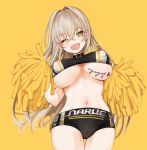  ;d bangs blonde_hair blurry blush breasts bright_pupils cameltoe cheerleader commentary_request covered_nipples cowboy_shot crossed_bangs depth_of_field eyebrows_visible_through_hair eyes_visible_through_hair fang hair_between_eyes hair_intakes hands_up highres large_breasts long_hair looking_at_viewer mole mole_above_mouth mole_on_breast mole_under_eye narrow_waist naruwe navel one_eye_closed open_mouth original pom_poms simple_background smile solo thigh_gap underboob very_long_hair yellow_background 