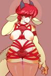  2017 anthro areola big_breasts blue_eyes blush breasts clothed clothing dovne female hair hi_res horn kobold legwear lingerie nipples panties red_clothing red_hair scalie simple_background skimpy smile solo stockings underwear yellow_skin 